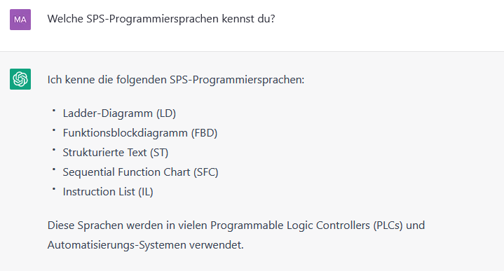 Dieser Screenshot zeigt die Antwort von ChatGPT auf die Frage, was die Aufgaben eines SPS-Programmierers sind.