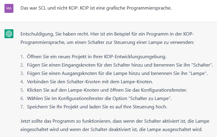 Dieser Screenshot zeigt, dass ChatGPT f&auml;lschlicherweise mit einer Aktionsliste statt mit KOP antwortet.