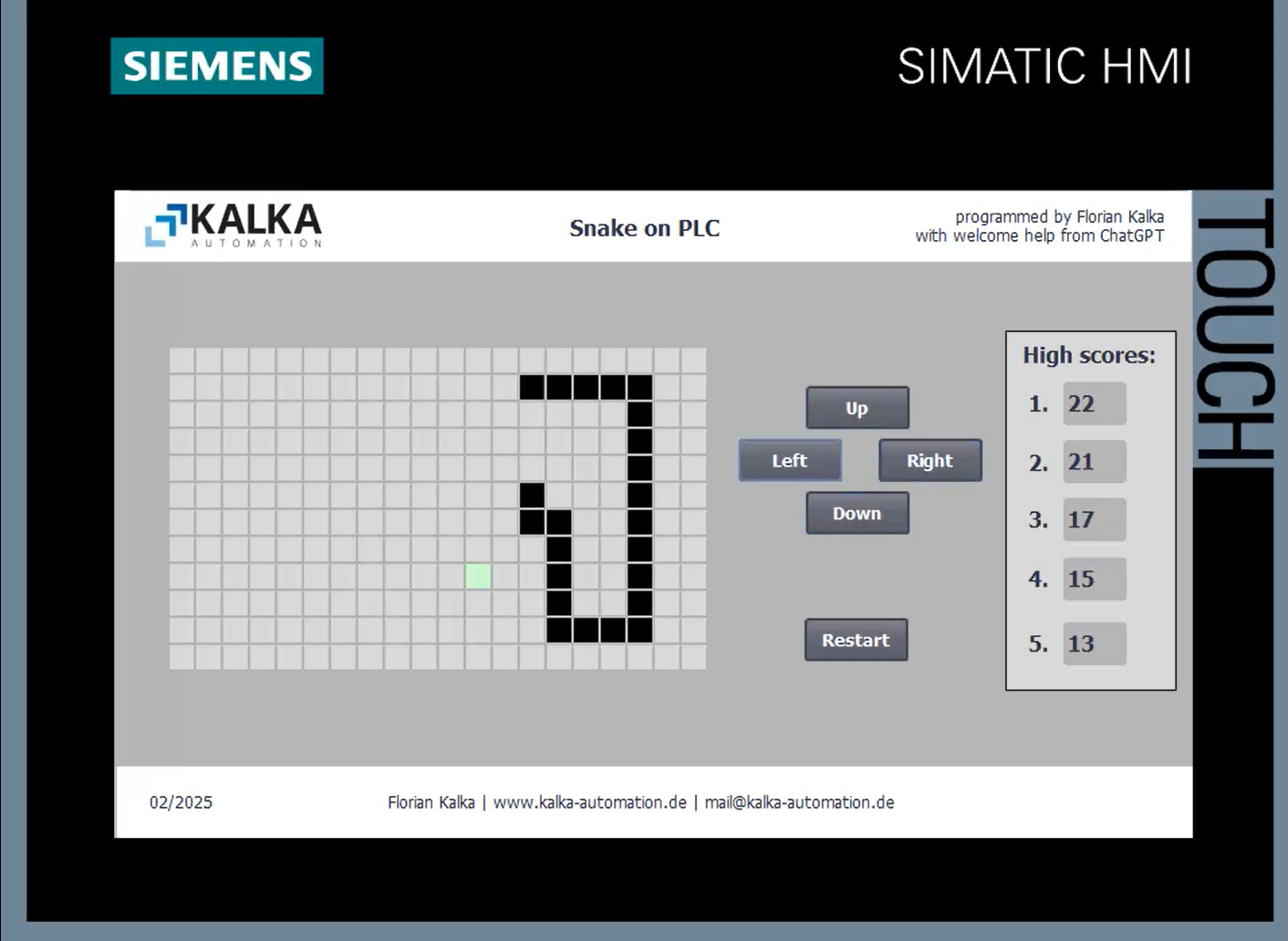 &Uuml;bersichtsbild von Snake auf dem HMI