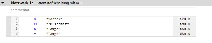 Dieser Screenshot aus dem TIA-Portal zeigt eine L&ouml;sung, um eine Stromsto&szlig;schaltung mit einem XOR-Baustein in AWL zu programmieren.
