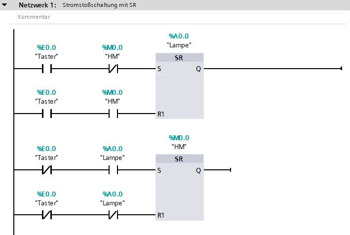 Dieser Screenshot aus dem TIA-Portal zeigt eine L&ouml;sung, um eine Stromsto&szlig;schaltung mit Hilfe von SR-Bausteinen in FUP zu programmieren.