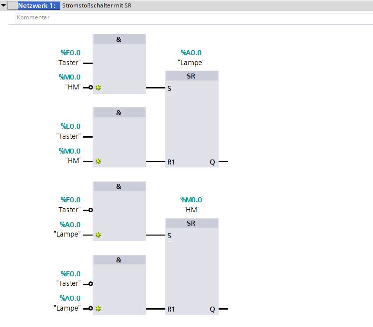Stromstoßschalter mit SR in FUP Dieser Screenshot aus dem TIA-Portal zeigt eine Lösung, um eine Stromstoßschaltung mit Hilfe von SR-Bausteinen in FUP zu programmieren.
